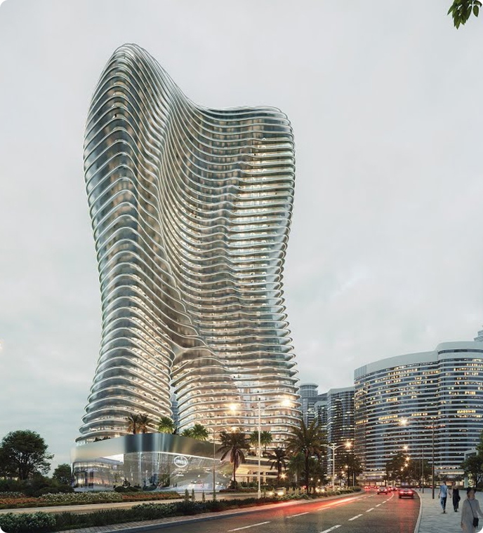 Torre residencial de lujo con arquitectura orgánica y fachada curva acristalada, ejemplo de Branded Residences en entorno urbano de vanguardia.