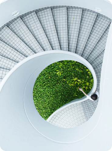 Escalera en espiral blanca rodeando un jardín central visto desde arriba, símbolo de sostenibilidad, diseño biomimético y equilibrio en proyectos de Branded Residences.