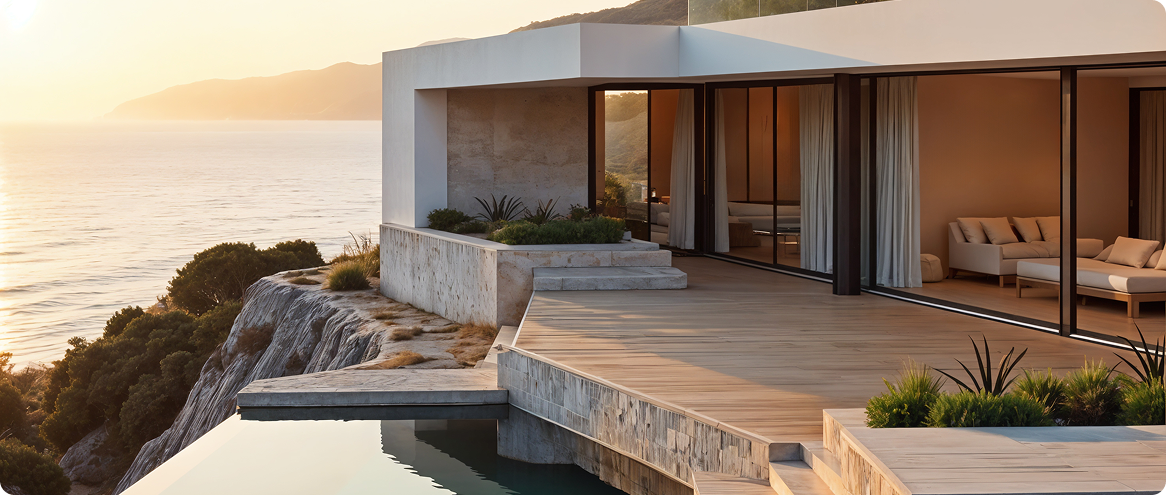 Residencia de lujo frente al mar con diseño arquitectónico minimalista, terraza panorámica y piscina infinita sobre acantilado, ejemplo de Branded Residence en enclave natural exclusivo.