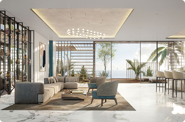 Salón de diseño contemporáneo en residencia de lujo con vistas al mar, mobiliario exclusivo y acceso a terraza tropical.