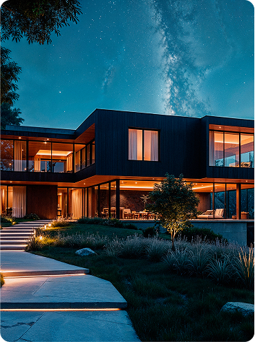 Residencia de lujo moderna iluminada de noche bajo un cielo estrellado, imagen representativa del estilo de vida exclusivo en Branded Residences.