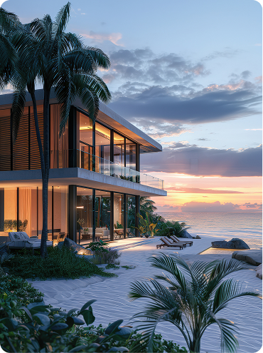 Villa de lujo frente al mar con arquitectura moderna, fachada acristalada y acceso directo a la playa, ejemplo icónico de Branded Residence tropical.